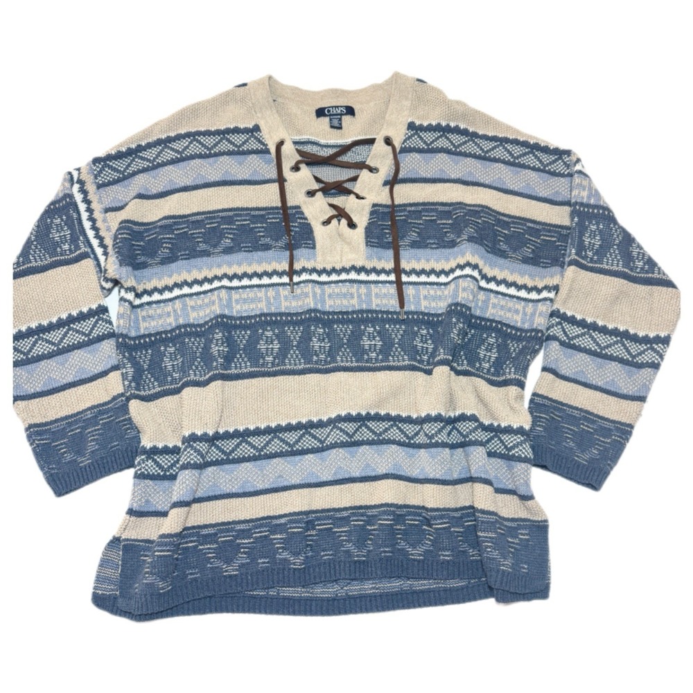 Chaps Women's 1X Southwestern Lace Up Sweater Blue Tan Boho Western Country